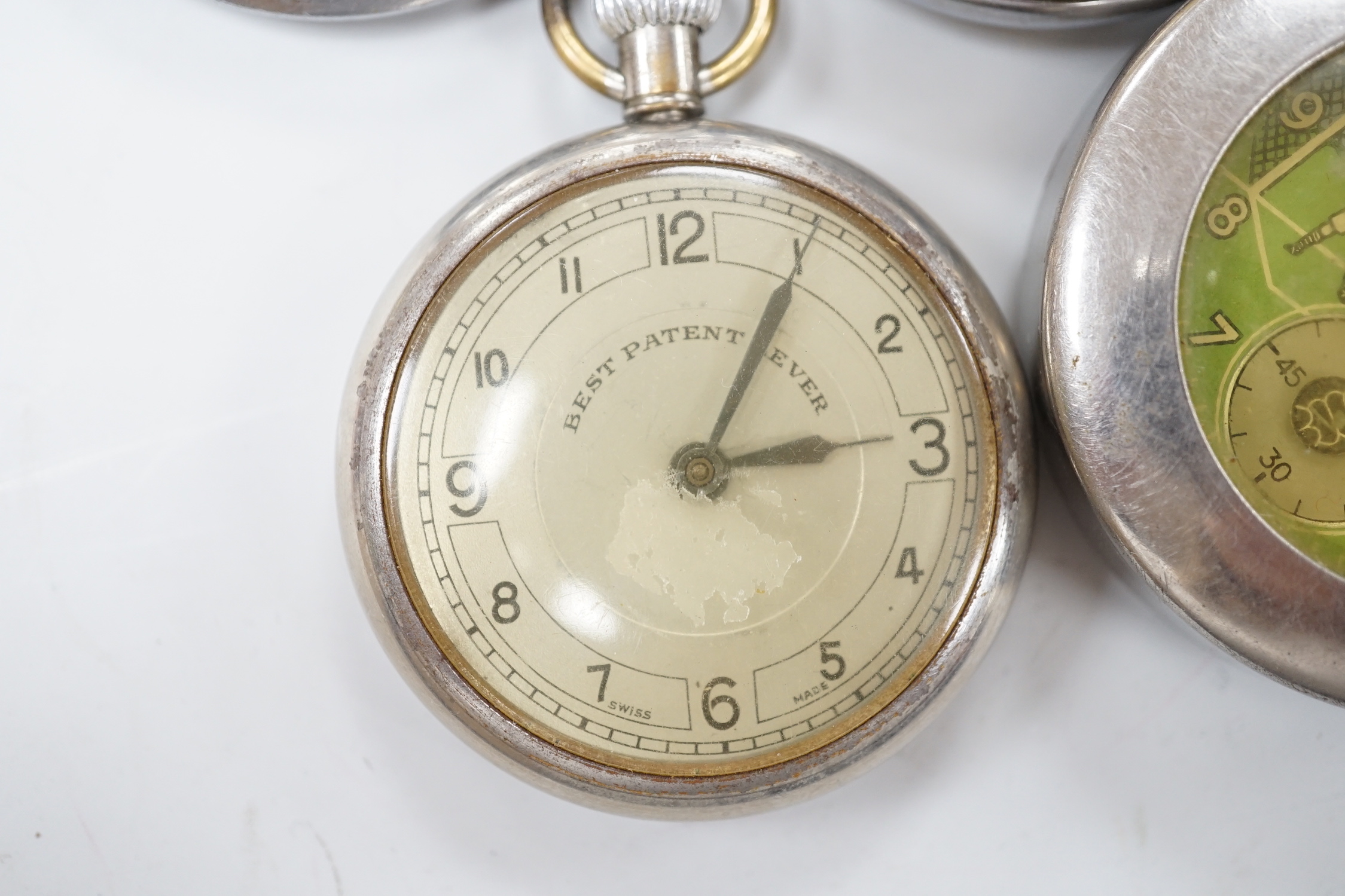 Ten assorted base metal pocket watches including Ingersoll football related, Smiths and Smiths Empire etc.
